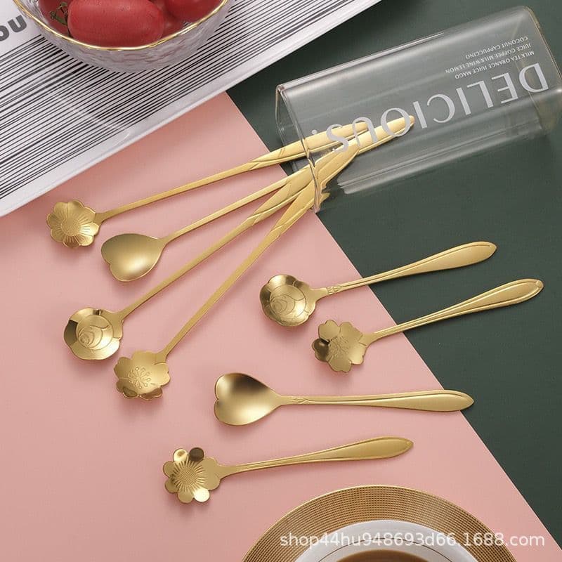 Sakura colher fabricante atacado aço inoxidável rosa colher amor colher de café mel sobremesa colher dourada sakura colh