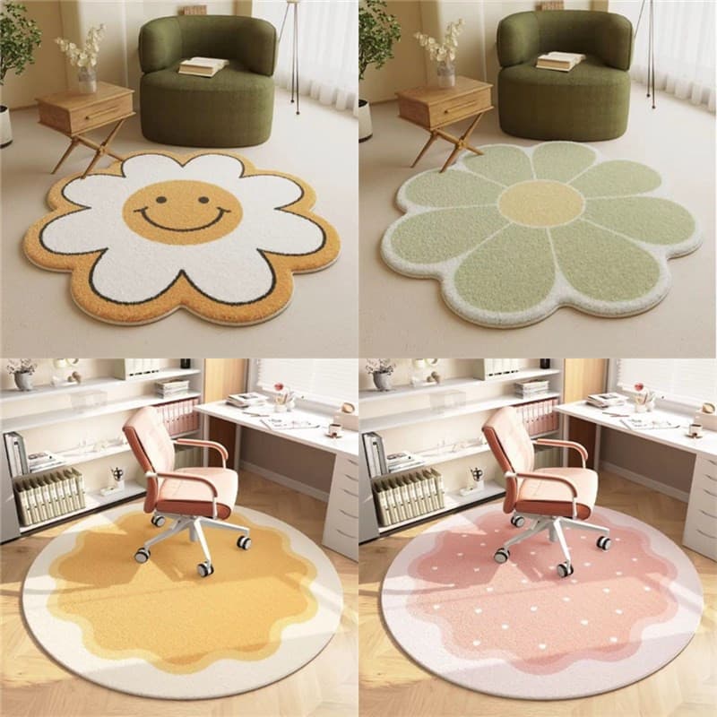 Tapete Redondo 4RKG Ins com Estampa de Flor para Quarto, Tapete de Cabeceira em Imitação de Cashmere, Tapete para Sala d