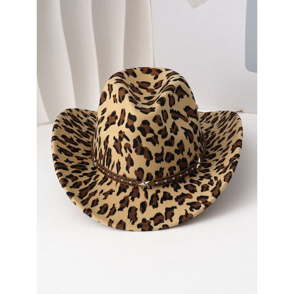 Chapéu de cowboy estilo western com estampa de leopardo e estampa de vaca, com rebites em forma de estrela de cinco pont