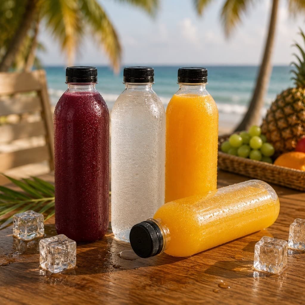 Kit 50 Garrafas Cilíndrica PET Tampa Com Tampa Preta Lacre Redonda Sucos Açaí Detox 450ml