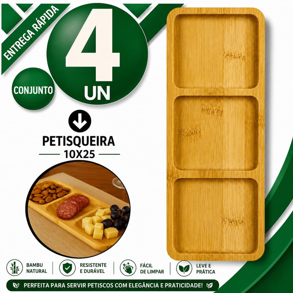 Conjunto Petisqueiras Bambu Retangular Com 3 Divisórias Queijo Frios Petiscos Patê Praticidades
