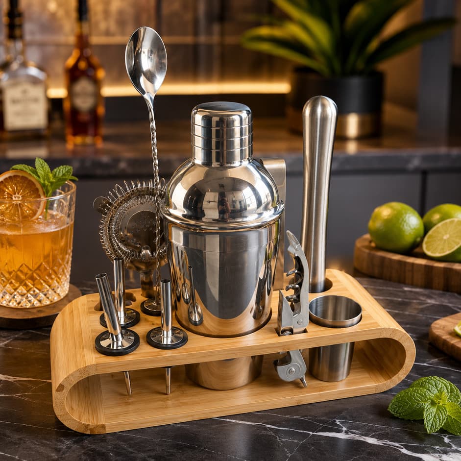 Kit Bartender 12 Peça Coqueteleira Inox Bar Completo Suporte de Madeira Coqueteleira Abridor  Macerador  Pegador de Gelo