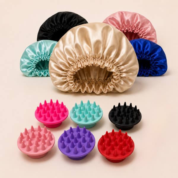 Kit 3, 4 ou 5 Toucas Cetim AntiFrizz e Escovas Massageadora Capilar Silicone Banho Brilho Maciez