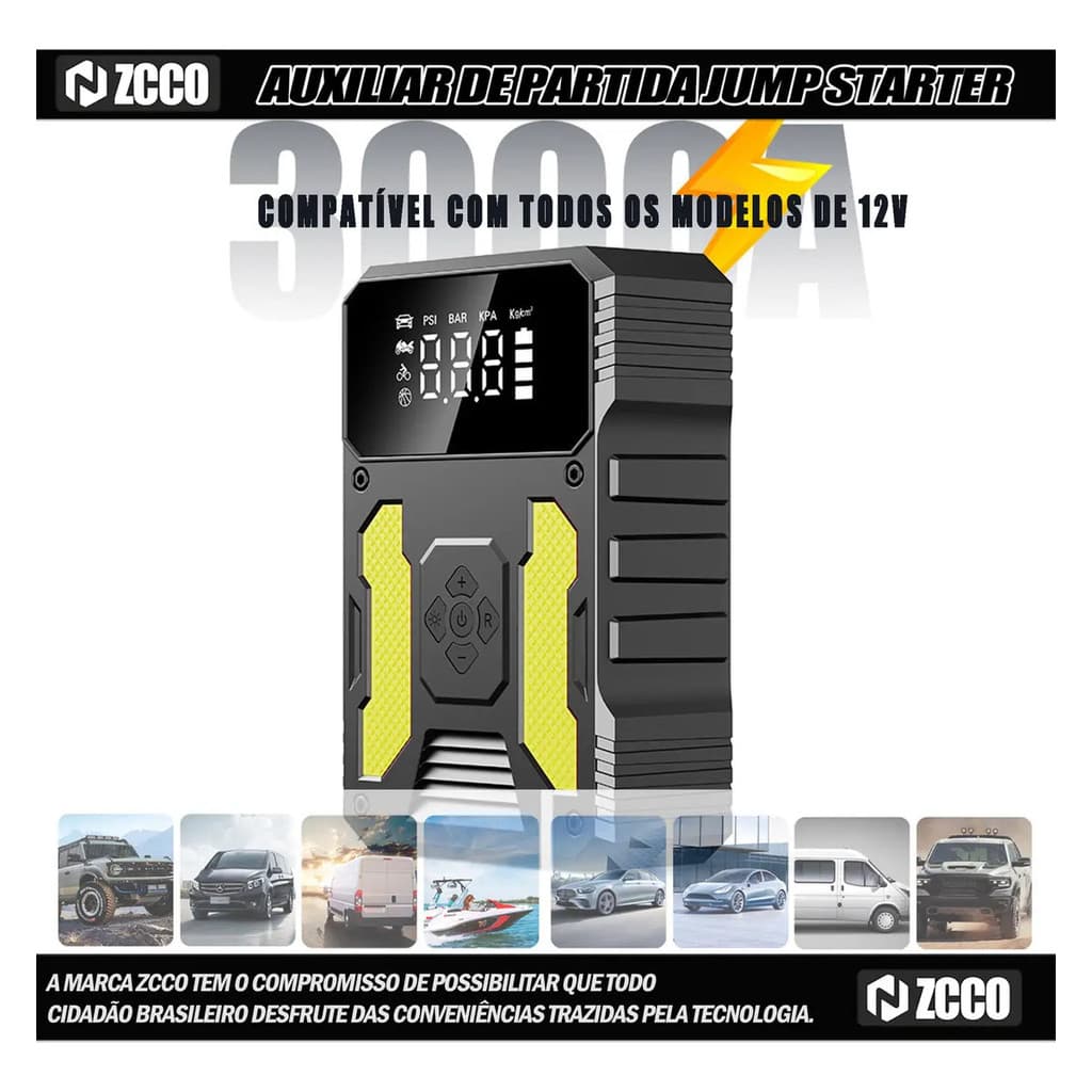Auxiliar Partida Portátil ZCCO 12V Automotivo, Booster Bateria para Moto, Carro, Dispositivo de Arranque Emergência