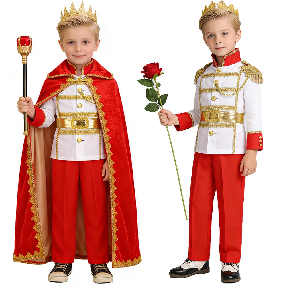 Crianças Príncipe Traje Meninos Real Branco Vermelho Roupa Com Cinto De Ouro Coroa Festa De Halloween Fantasia Rei Roupa