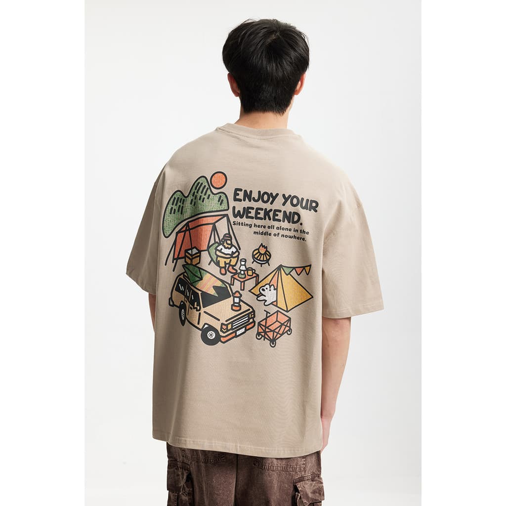 Camiseta de manga curta estampada para camping ao ar livre, estilo montanha de verão, corte solto, em puro algodão.