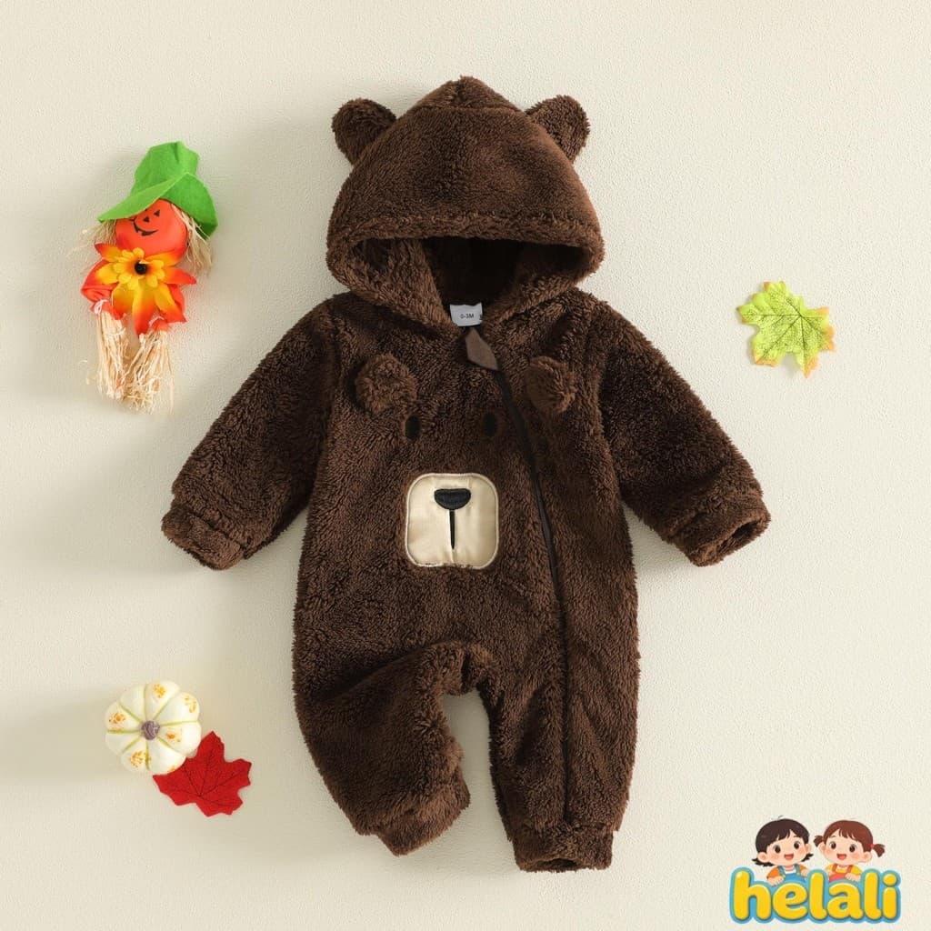 [Hali] Bebê Menino Inverno Snowsuit Urso Traje Infantil Manga Longa Frente Zíper Capuz Macacão Roupas Quentes