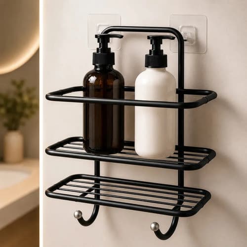 Porta Shampoo Aramado Duplo E Sabonete Gancho Ventosa Black