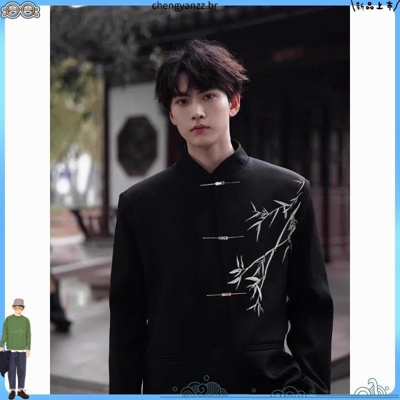 Novo estilo chinês estilo chinês estilo chinês Zhongshan terno Cuizhu avião botão gola Blazer masculino High-End terno T