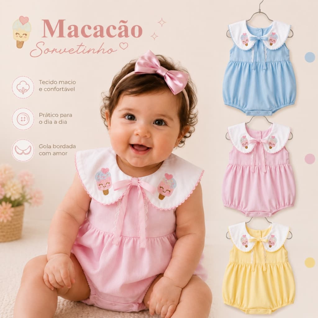 Body Bebê Menina Gola Bordada Algodão Bordado Sorvetinho Tecido Fustão Body Bebe Para Meninas Baby P M G