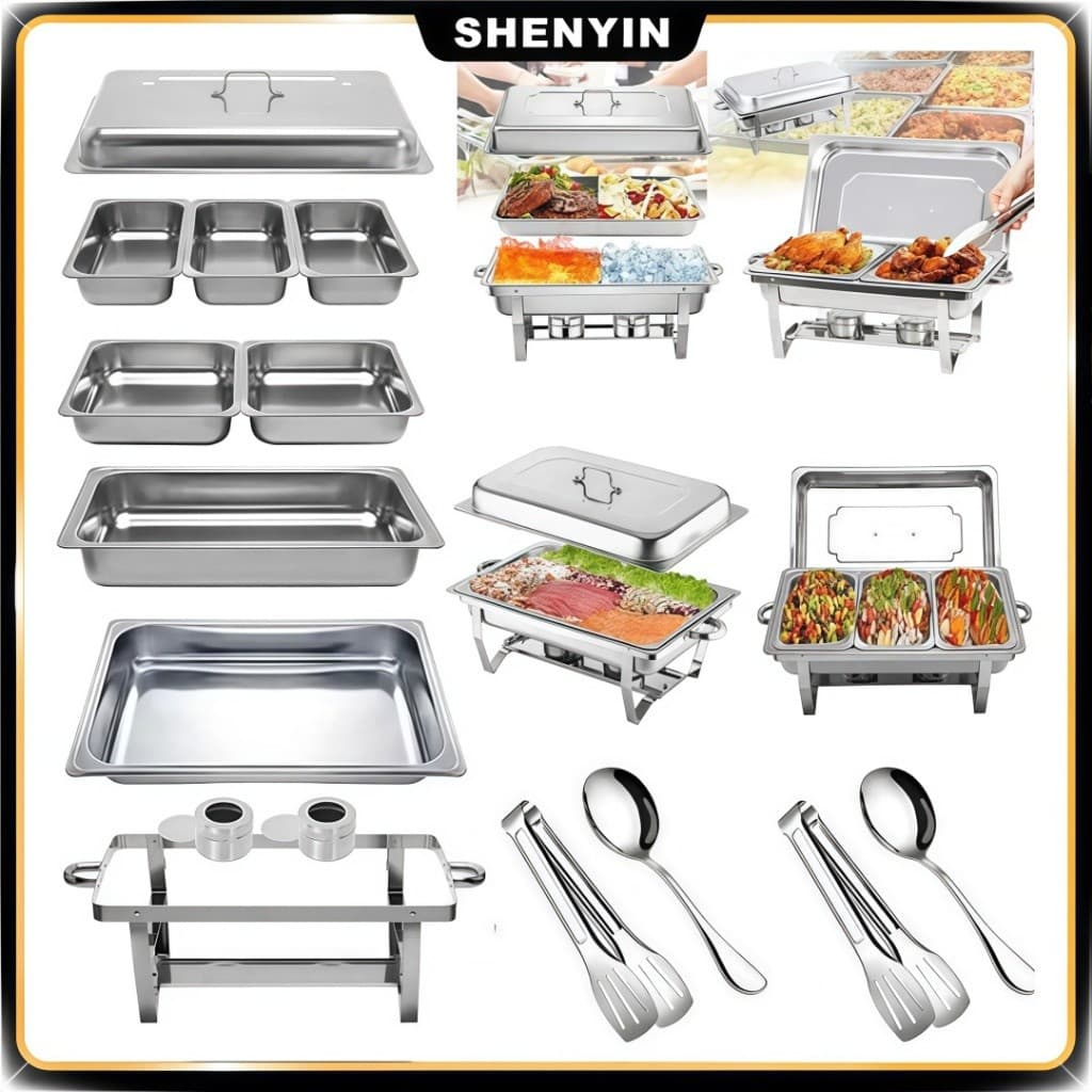 Conjunto Rechaud 33L Inox Retangular c/ Banho Maria e 6 Peças – Buffet Profissional