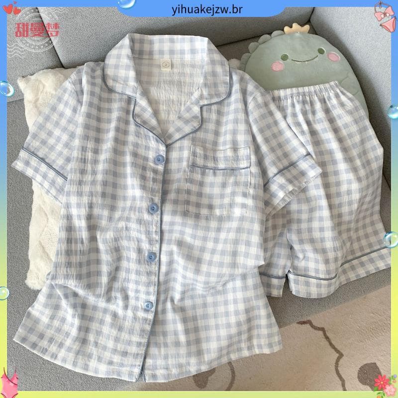 Loja venda quente azul xadrez nuvem algodão pijamas feminino verão Shorts de manga curta linda menina estudante dos dese