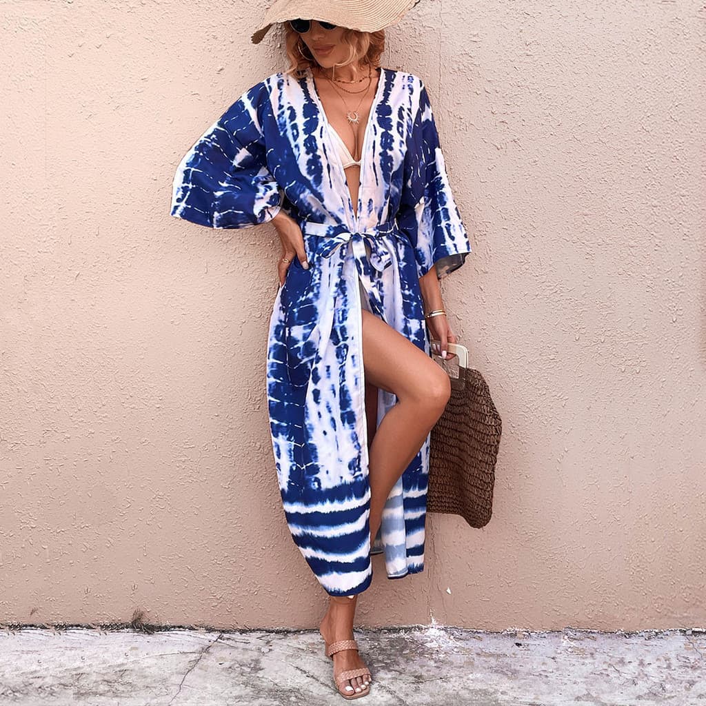 [Novo produto] Vestido cardigã com estampa de cobra azul e branco, blusa de malha para férias na praia [Venda quente]