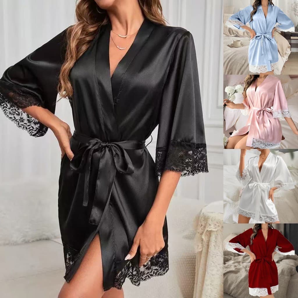 Roupão de noiva europeu americano transfronteiriço, roupão de vestir, manga média, pijama de renda longa, renda, camisol