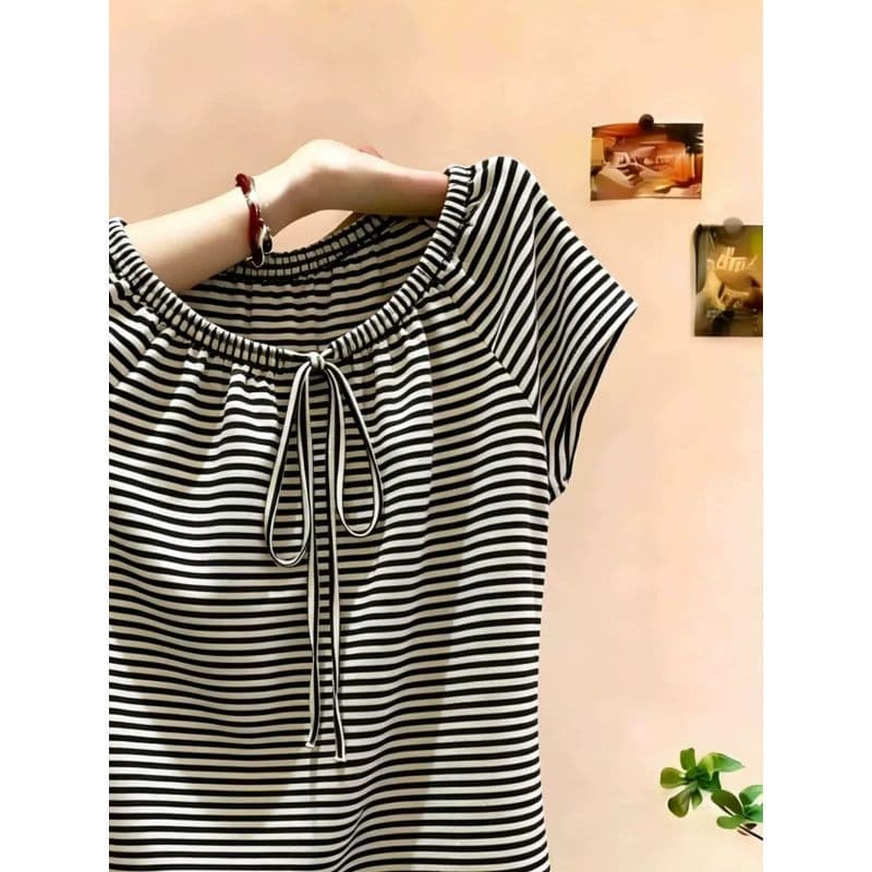 [Promoção por tempo limitado] Camiseta de manga curta listrada retrô com sensação solta, laço de verão com cadarço, gola