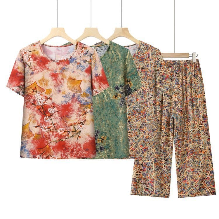 Mãe Mãe Mãe Mãe607080Conjunto de idade roupas para idosos de meia-idade feminino velha senhora gelo seda mangas curt