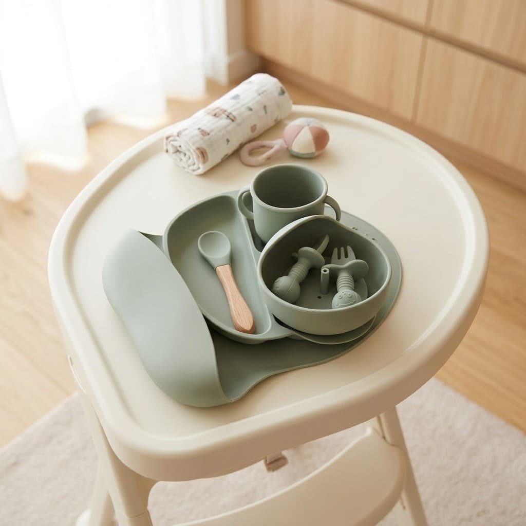 Prato de Silicone Bebê Alimentação Infantil Super Completo Ventosa Babador Copo Talheres