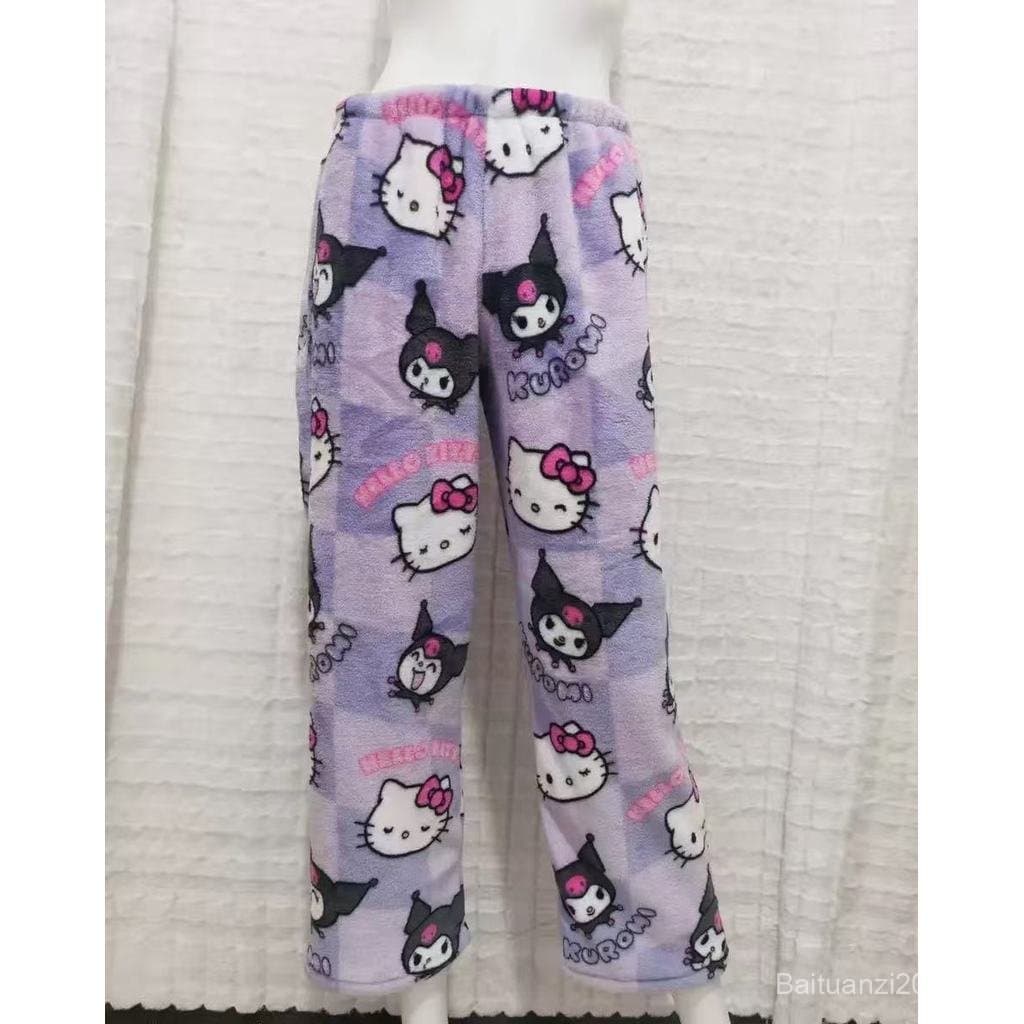 Novas calças de pijama femininas de flanela, design de gato KT, calças casuais para uso doméstico no outono, inverno e p