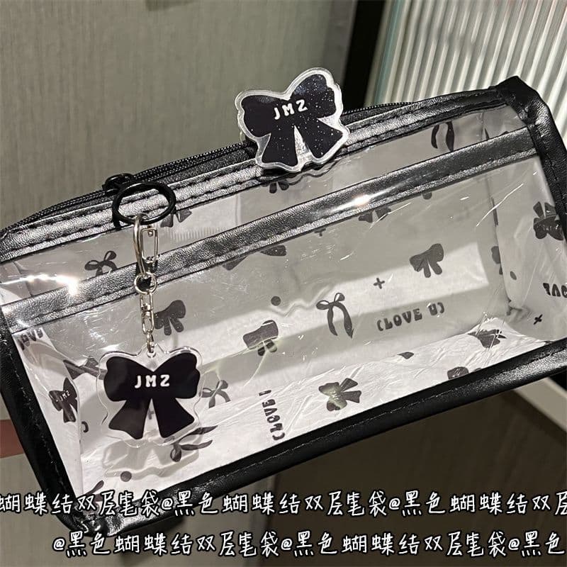 Estojo transparente de camada dupla com laço preto, estojo portátil de alto valor para meninas, coração, estudante, arma