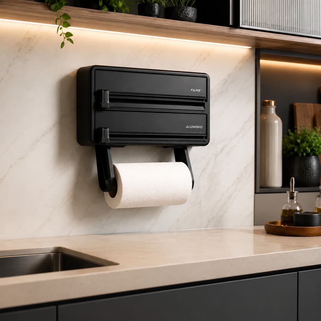 Porta Rolo 3 em 1 Organizador de Cozinha Papel Toalha Filme Alumínio