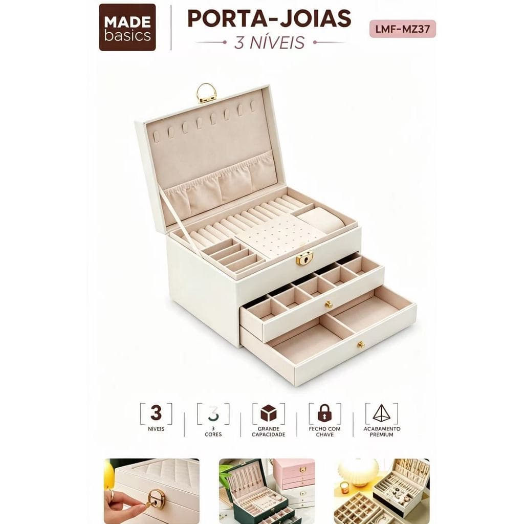 Porta-Joias 3 Níveis LMF-MZ37 | Fecho com Chave + Veludo Macio | Presente Perfeito