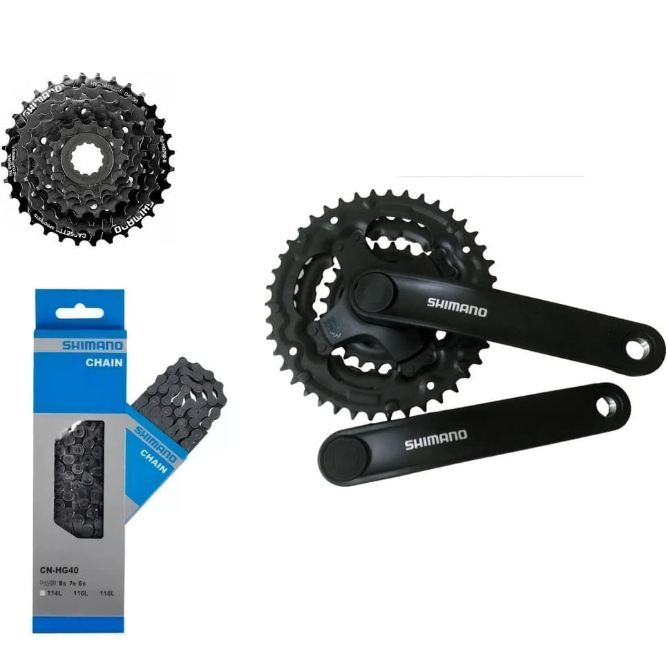 Kit Grupo Relação Shimano 24v - K7 Cassete 8v 12/32D - Pedivela Reduzido 42d - Corrente Indexada