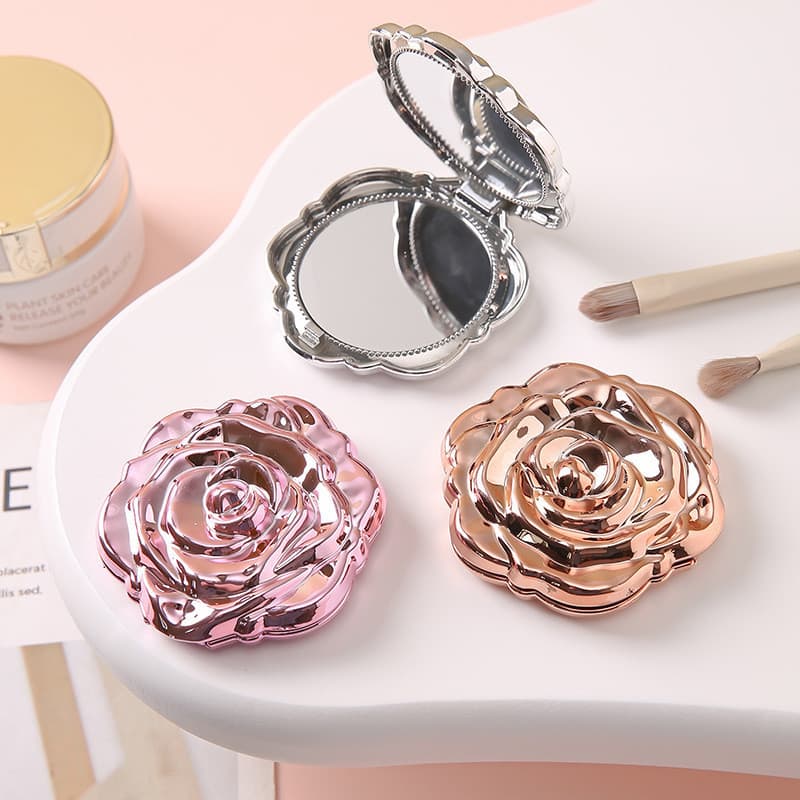 Venda quente Flip espelho de maquiagem de alta definição rosa espelho flor portátil espelho dupla face de vestir