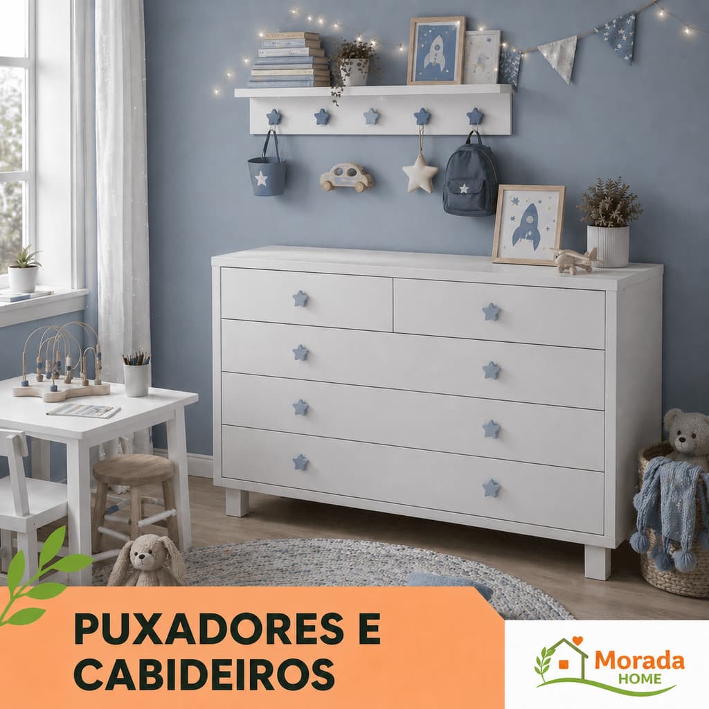 Kit 10 Puxadores e Cabideiros com Prateleira Infantil Para Gavetas Cômodas Roupeiro Modelo Estrela