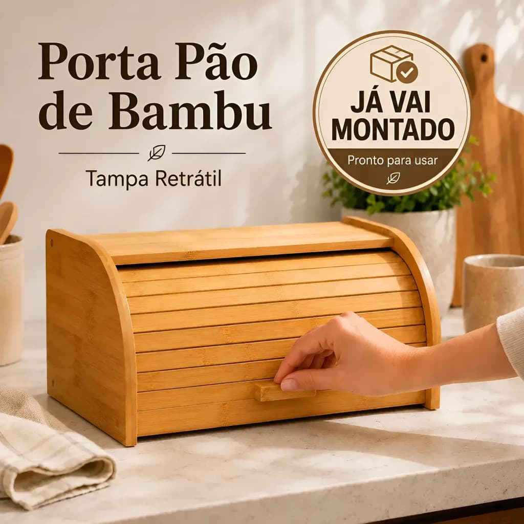 Porta Pão Bambu Com Tampa Retrátil Já Vem Montado Mesa Multiuso Prático Cozinha  Doces Pães Bolos Alimentos Cesta
