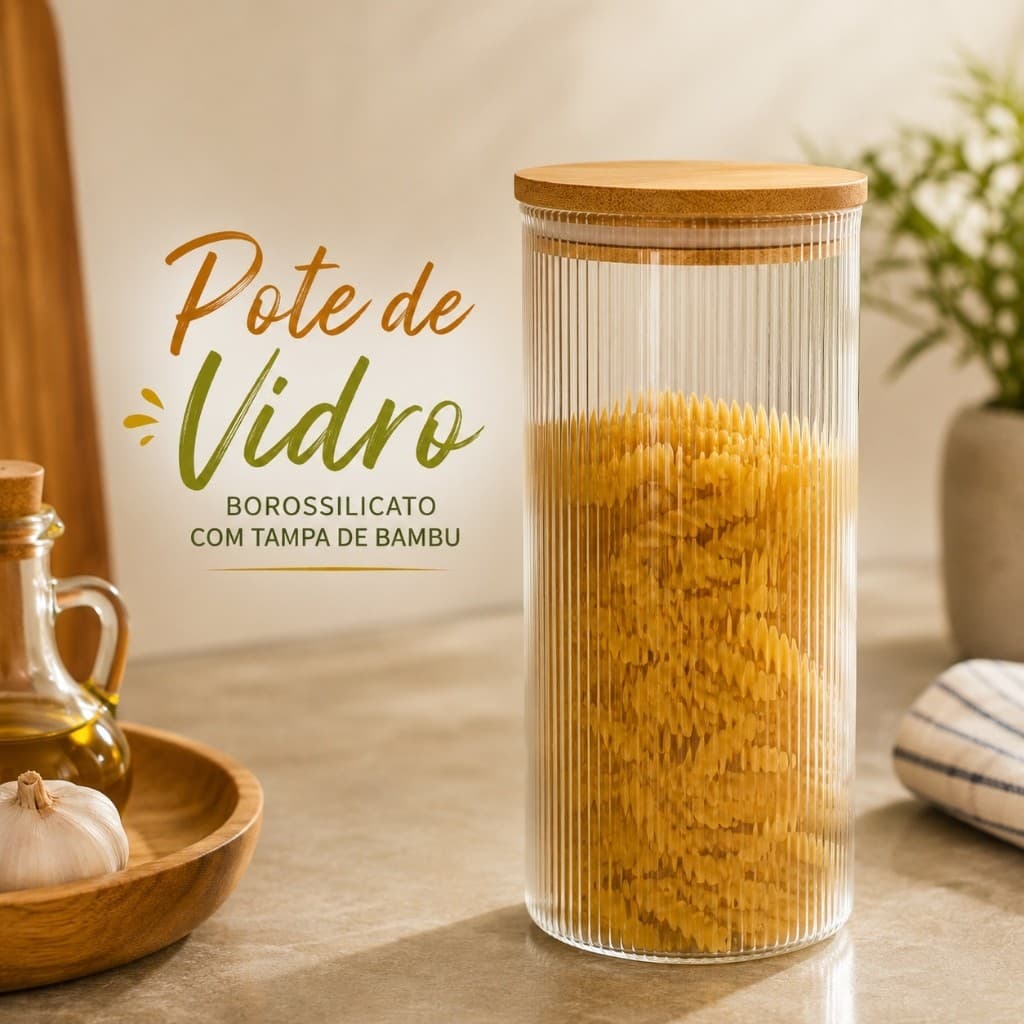 Pote Vidro Tampa Bambu Hermético Armazena Guarda Conserva Vasilha Recipiente Alimento Biscoito
