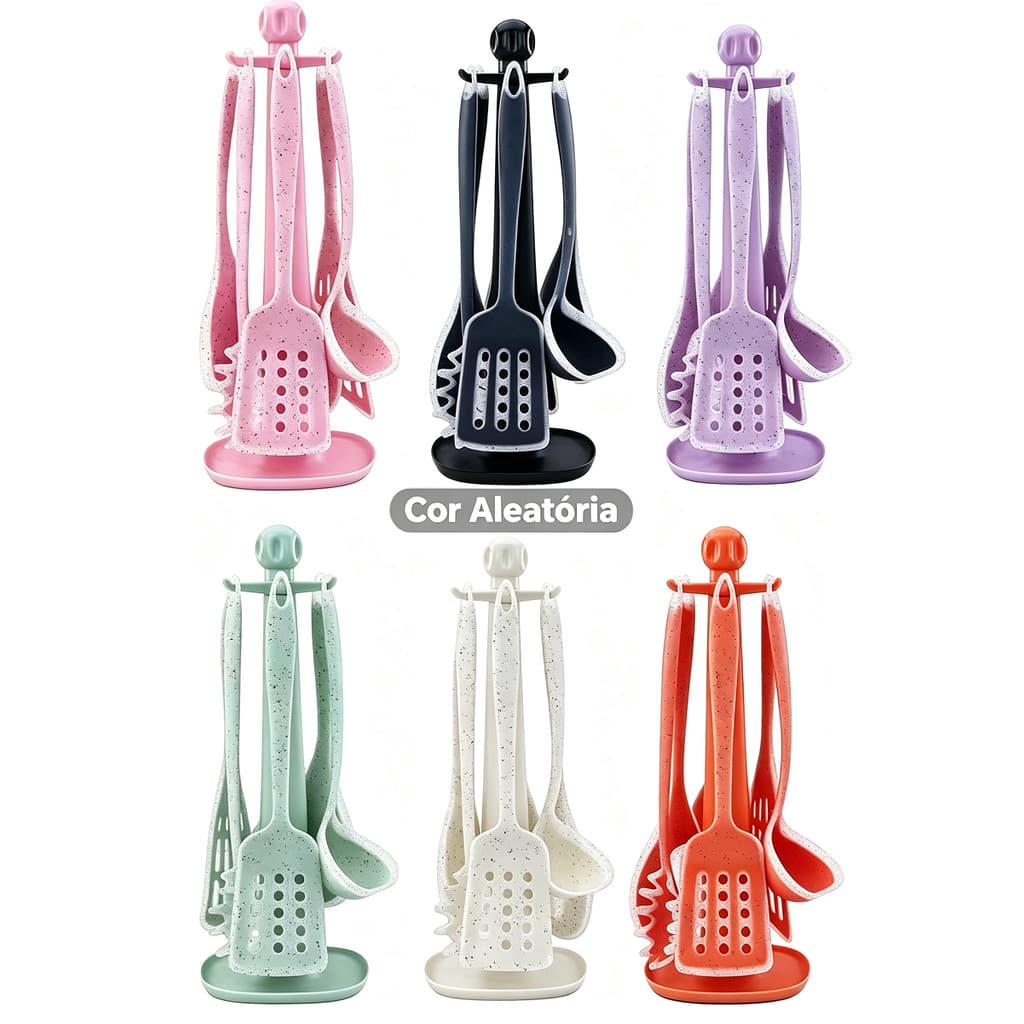 Kit 6 Utensílios Cozinha Palha de Trigo com Suporte, Envio Cor Aleatória