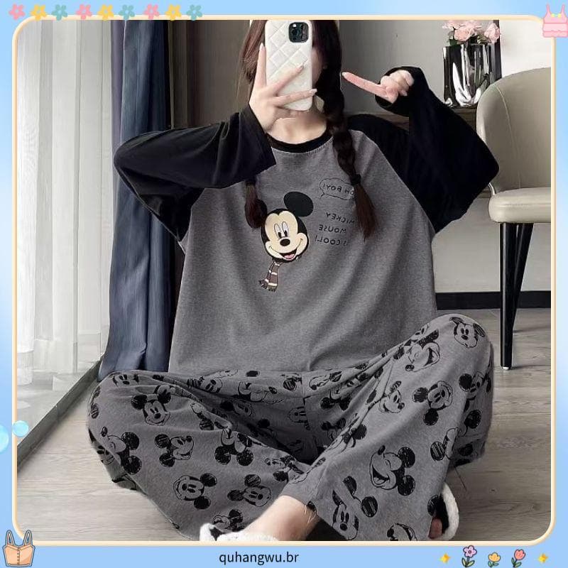 Pijamas de manga comprida femininos primavera outono plus Size pijamas femininos verão versão coreana pode usar fora das