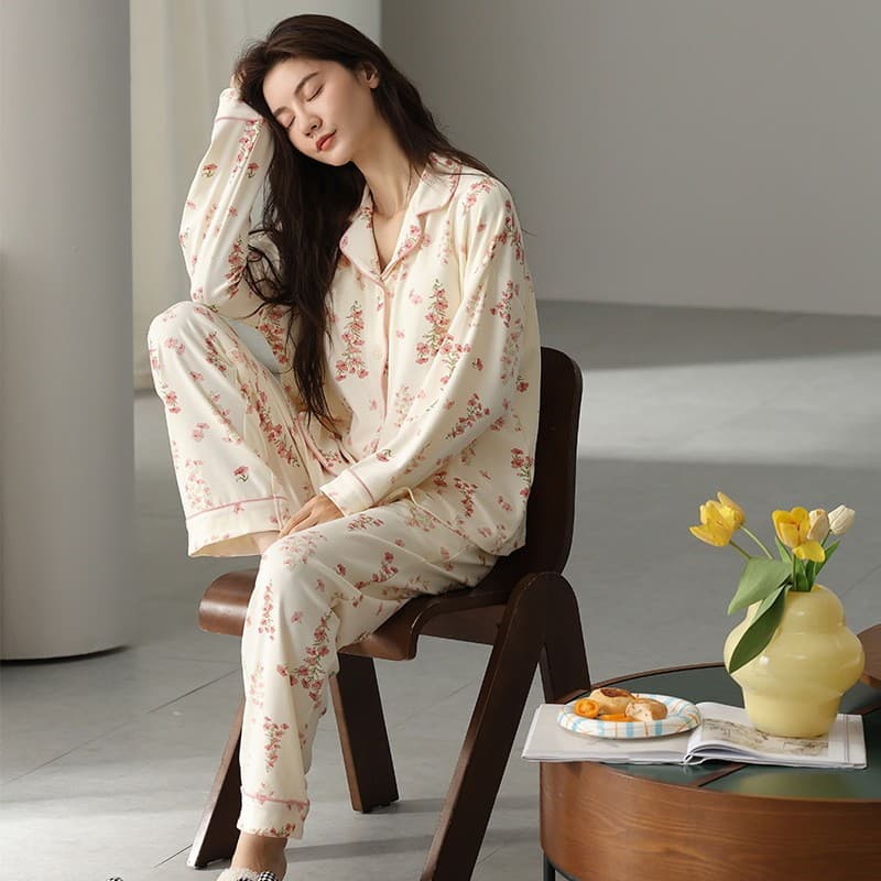 Pijamas femininos de algodão puro primavera outono manga comprida calças de manga comprida lapela Cardigan bonito impres