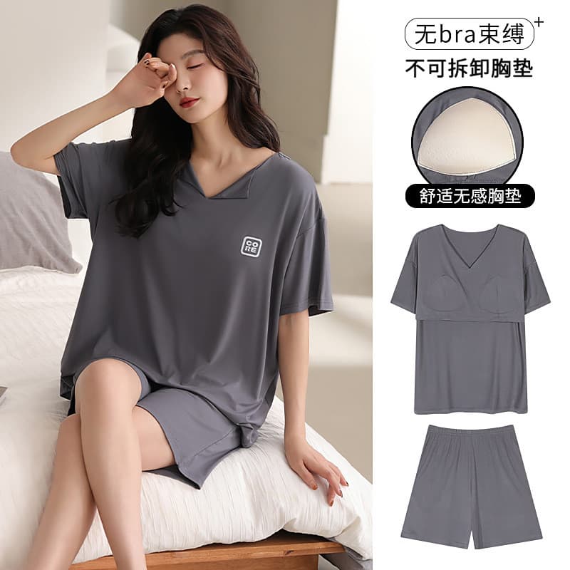 Pijamas modais femininos verão shorts de manga curta shorts com almofadas no peito estilo fino pode usar fora terno de d