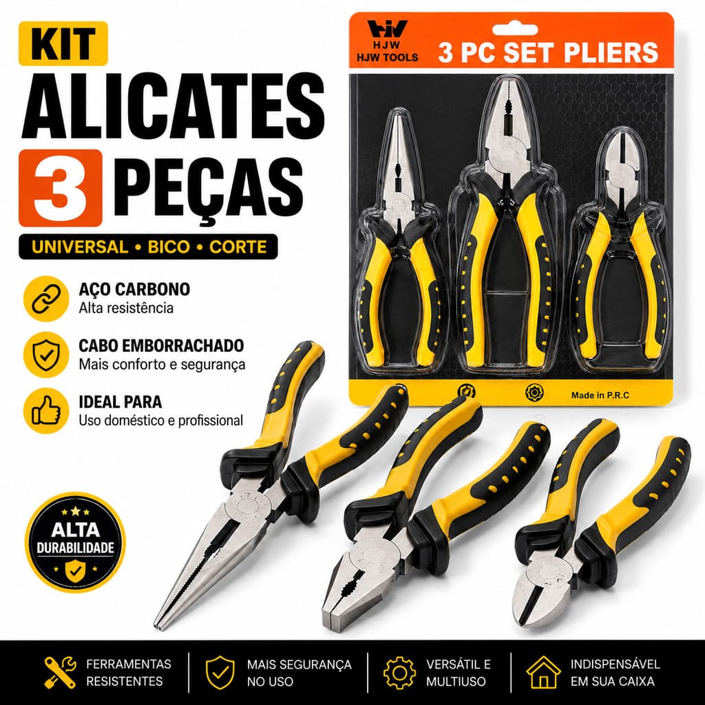 Kit Ferramentas 3 Alicates Bico Longo Universal e Corte Diagonal Resistente