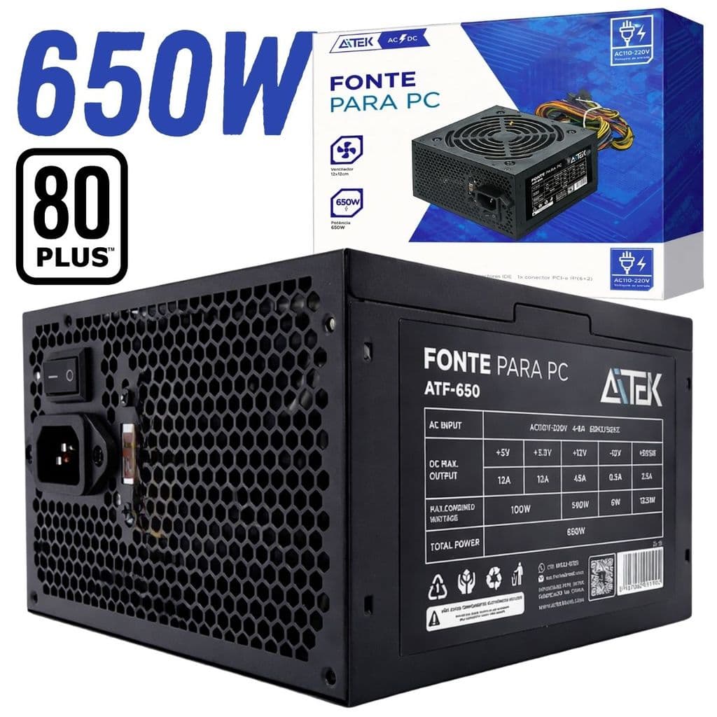 Fonte Gamer 650W Alta Eficiência Ventilação 120mm Conectores PCI-e Sata Bivolt Compatível Intel Amd