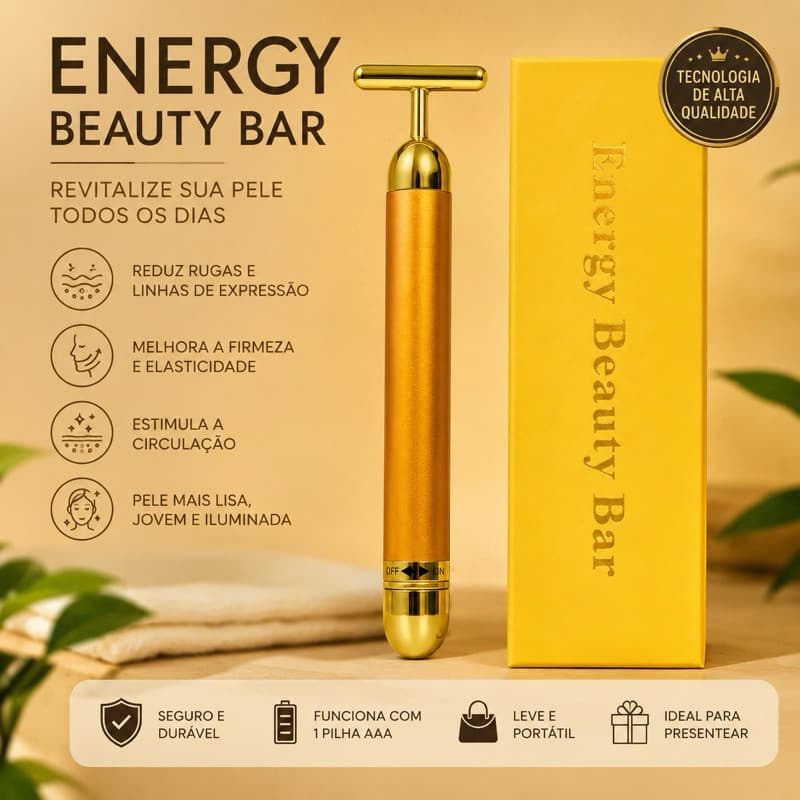 Massageador Facial Elétrico Colageno Dourado T-Bar para Rosto Pescoço Skincare Portátil Cuidados com a Pele Facial