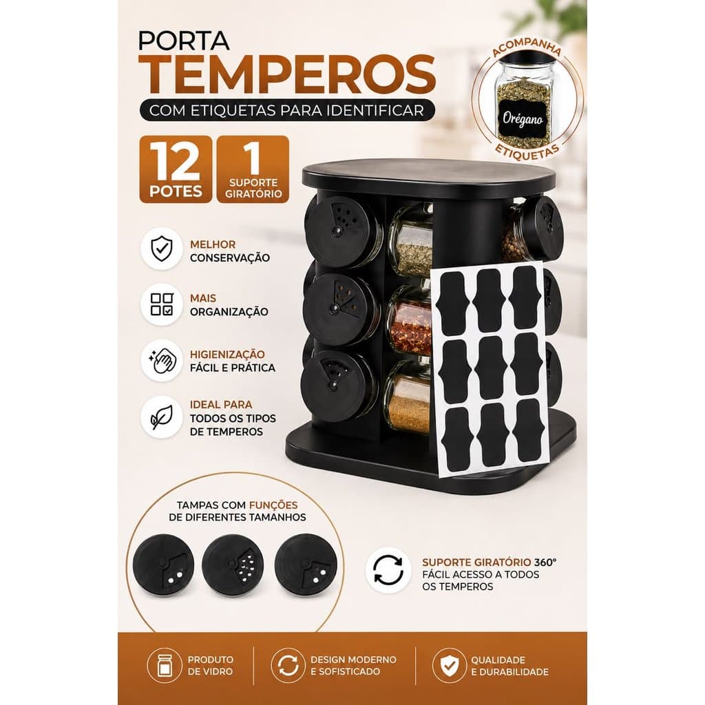 Porta Temperos Giratório 12 Potes de Vidro com Etiquetas – 85ml cada