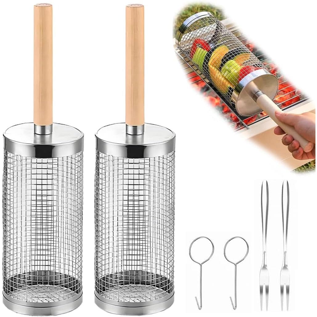 Cesto de grelhar com rodas e cabo de madeira removível |   Aço 304 seguro para alimentos, empilhável, ideal para grelhar