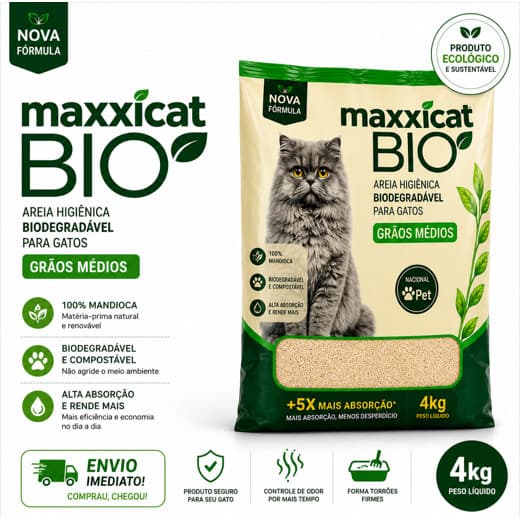 Areia Mandioca Higienica Biodegradavel Maxxi Cat Bio Granulado 4kg Forma Torrão Sem Odor Cereal Mandioca