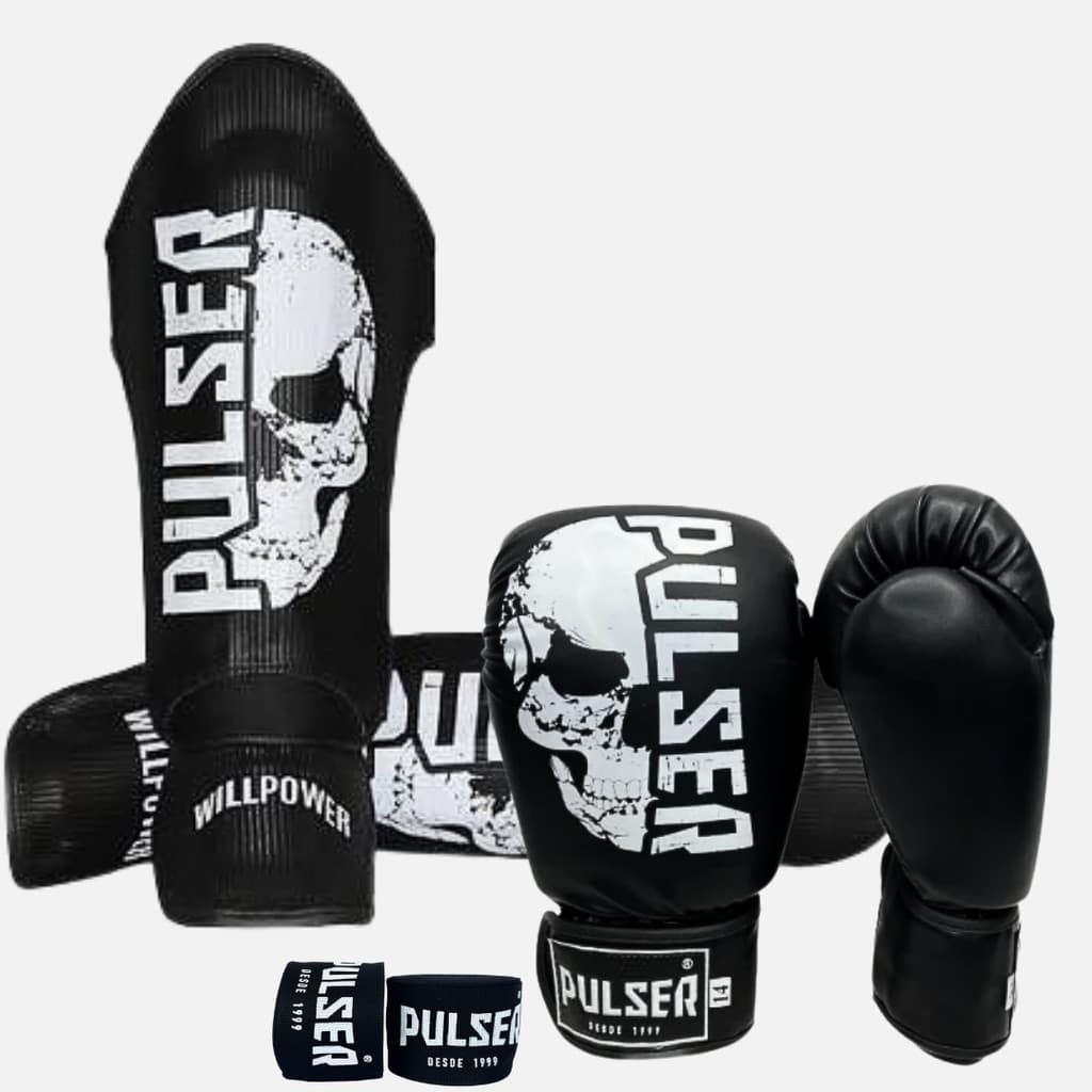 Kit Luva 14Oz  Caneleira M Caveira e Bandagem 3M Muay Thai Kickboxing Pulser Profissional