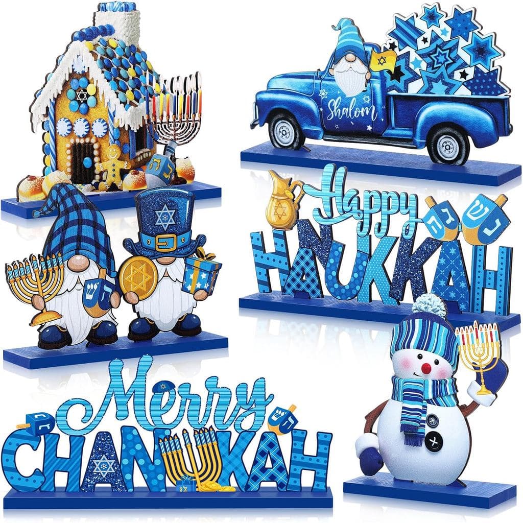 6 Peças de Decorações de Mesa para Hanukkah em Madeira, Placas Decorativas de Madeira para Mesa com a Mensagem "Feliz Ha