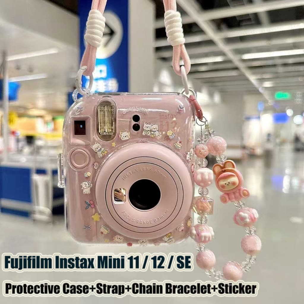 Pronta Entrega | Capa Protetora para Câmera Instax Mini 12 / Mini 11 / Mini SE, Capa Transparente + Alça + Corrente + Ad