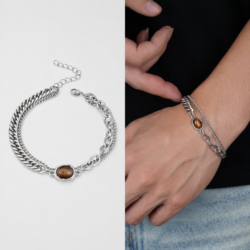 Pulseira olho de tigre Design de camada dupla liga Hip-Hop simples tamanho único masculino feminino na moda luz luxo ace