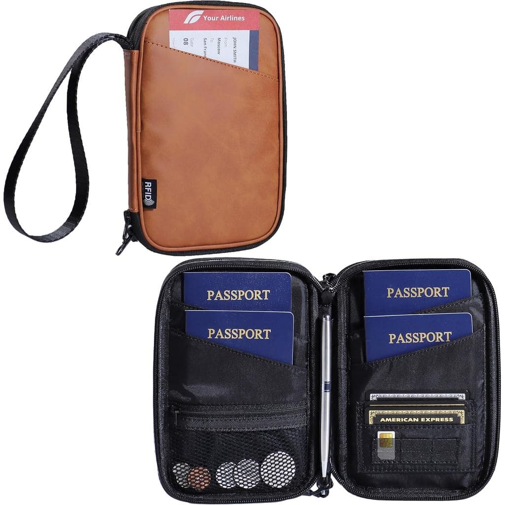 Porta-passaportes para 4 pessoas, marrom |   Bolsa para Múltiplos Passaportes, Bloqueio RFID, Impermeável com Zíper, Par