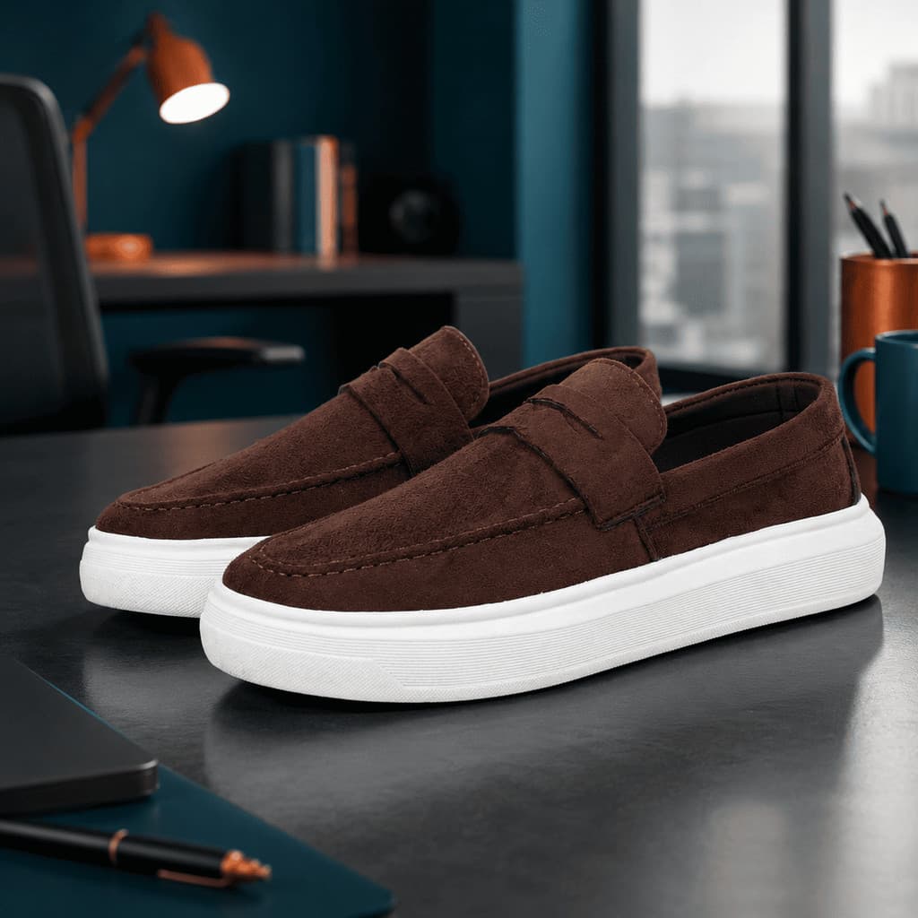 Mocassim Masculino Social Casual em Couro Camurça Confortável para Trabalho Reuniões e Eventos Solado Branco
