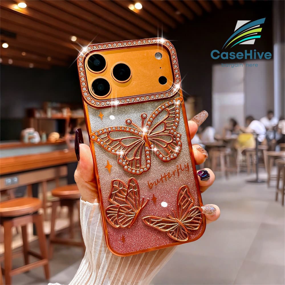 Novo Elegante Galvanizado Diamante Glitter Borboleta Silicone Caso De Telefone Para iPhone 13 14 15 16 17 Pro Max Corpo