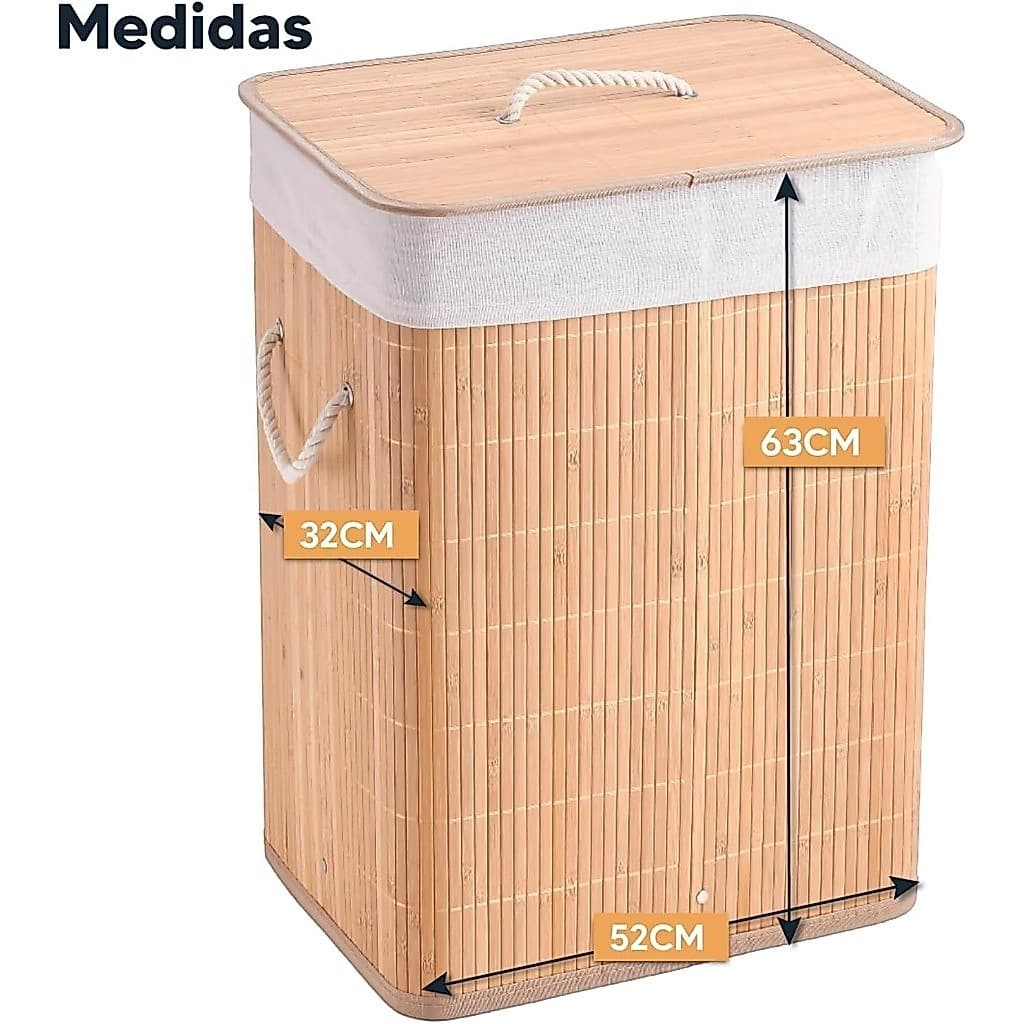 Cesto De Roupa Suja Bambu Com Tampa e Alças Forrado Organizador Grande