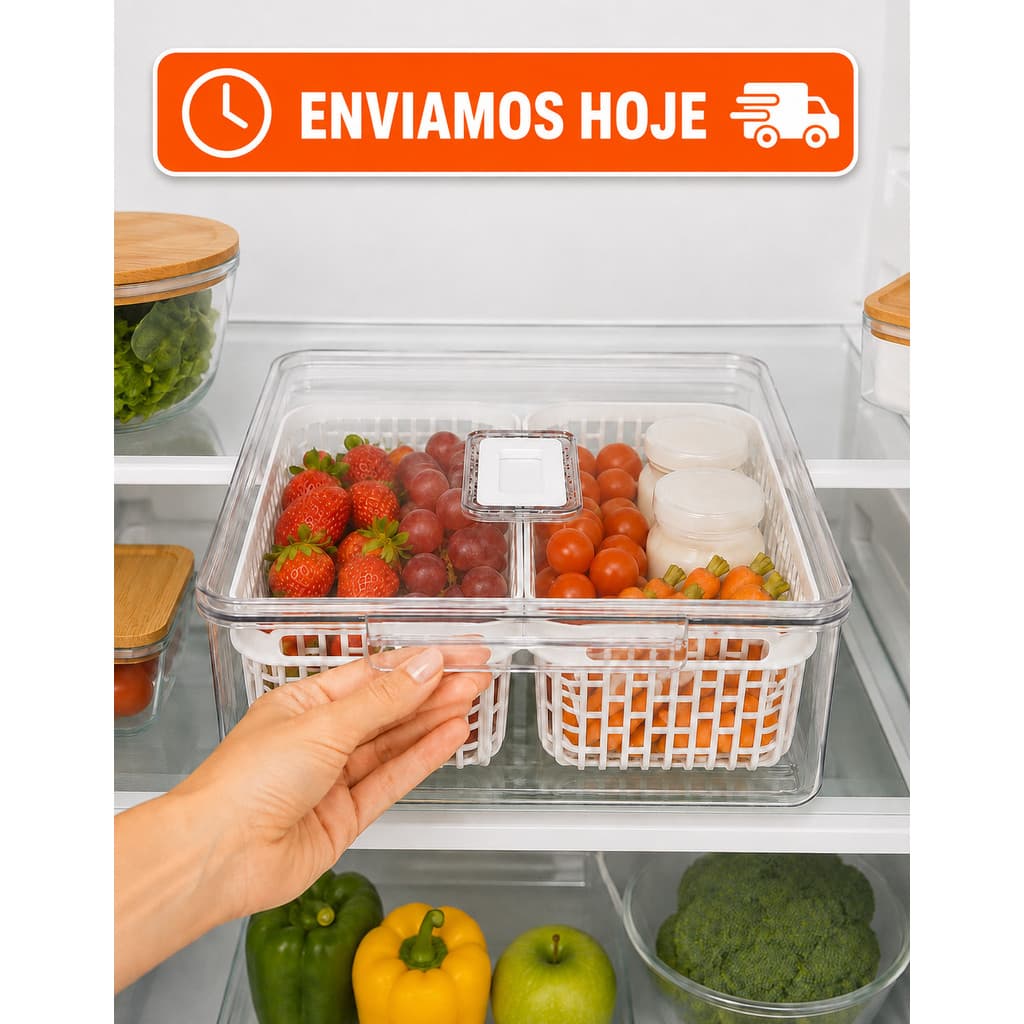 Organizador De Geladeira Acrílico 8 Litros Com 2 Cestos