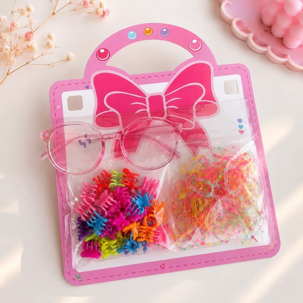 Kit Acessórios Infantil Menina Óculos + Presilhas Piranhas e Elásticos Coloridos de Cabelo